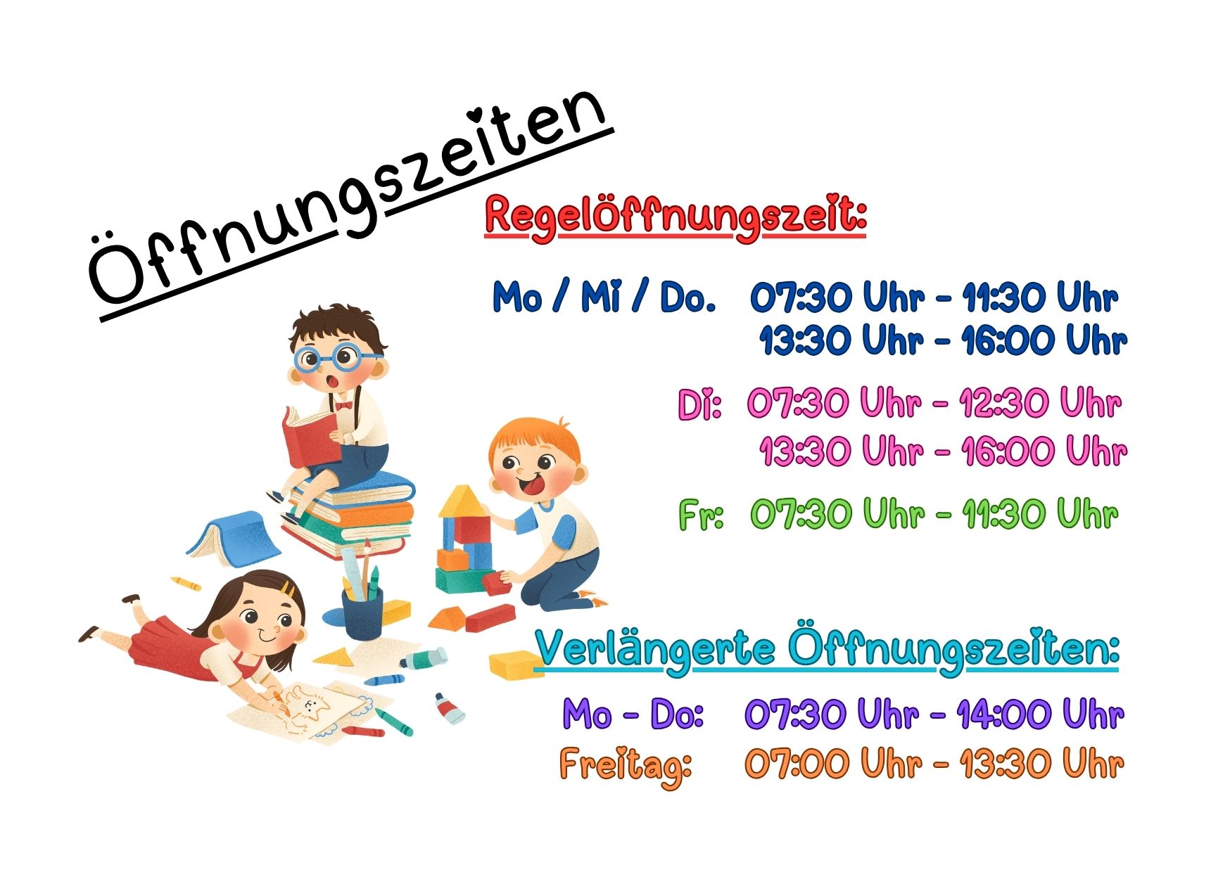 ein bild mit spielenden kindern als grafik, sowie die öffnungszeiten in grafischer darstellung